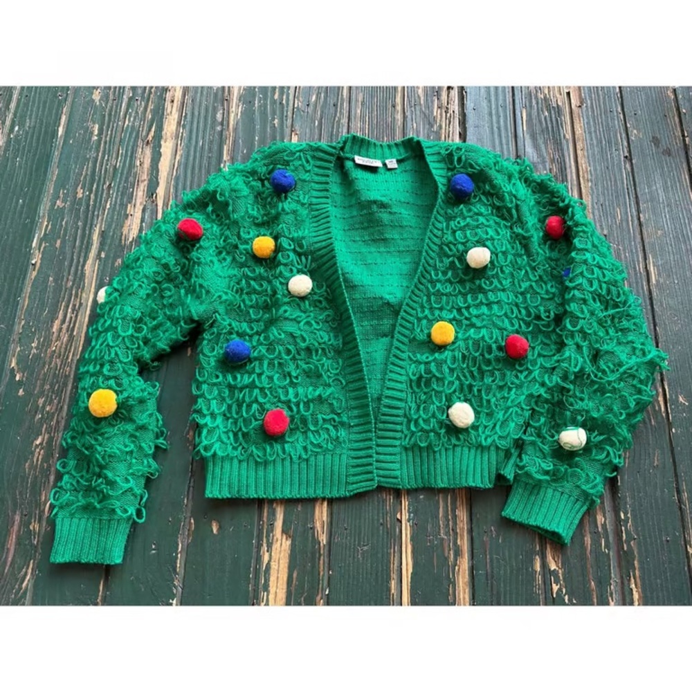 Mighty Fine Green Cardigan with Multicolor Pom Poms